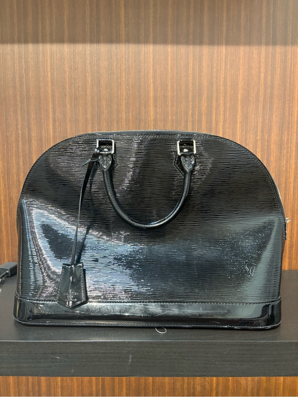 Authentic LV Alma GM Black Electric Epi Patent Leather Handbag